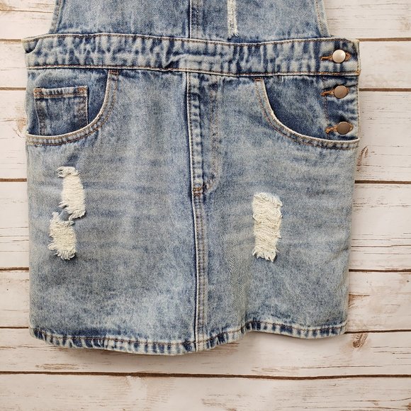 F21 Distressed Denim Overall Jumper Dress Pockets Light Blue MIni Size M - Picture 3 of 12